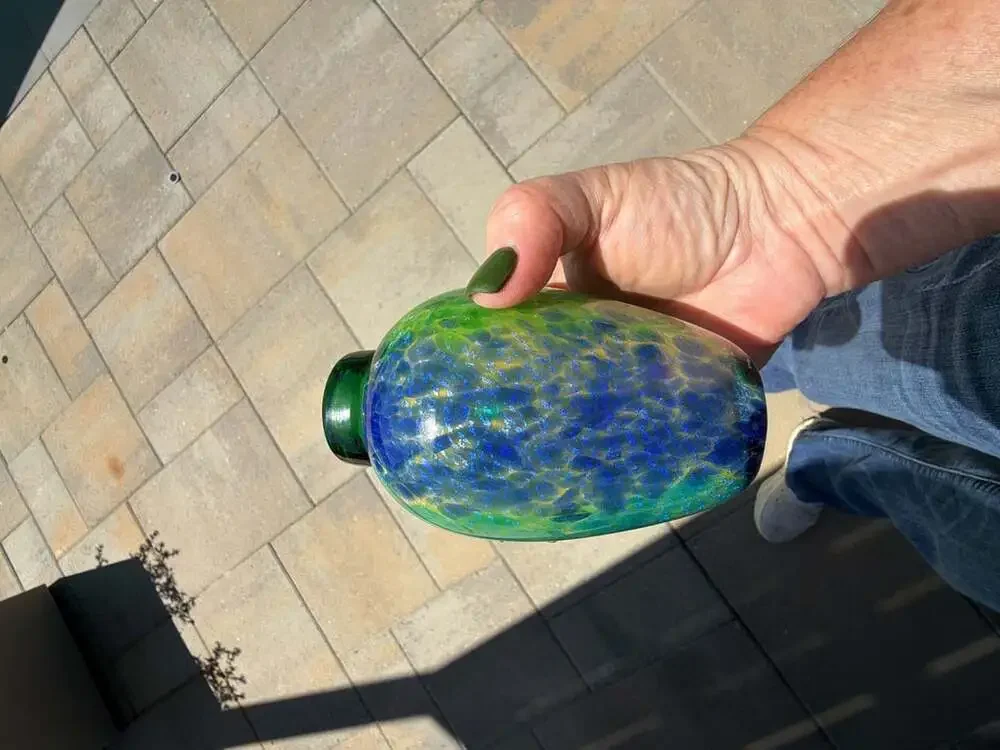 Franco Moretti Murano Art Glass Vase Green Red Blue with Gold Sparkles